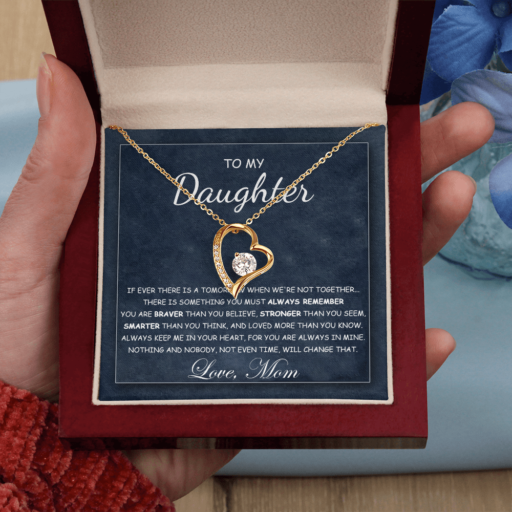 To My Daughter Necklace From Best Mom With Heartfelt Message, Daughter Birthday Present From Mama, Jewelry Gifts For Graduation for Her From Mom or Daddy, 14K Pendant Forever Love Necklace