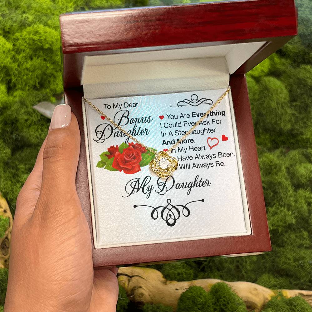 To My Bonus Daughter Necklace – Meaningful Gift from Mom or Dad | Stepdaughter Heart Necklace with Message Card | Family Love Jewelry Gift