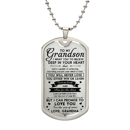 To My Grandson from Grandma, Inspirational Necklace Dog Tag Pendant, You Will Never Lose, You Either Win Or Learn Necklace, Motivational Encouragement Dogtags Jewelry Birthday Graduation Gifts