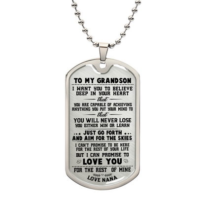 To My Grandson from Nana Inspirational Necklace Dog Tag Pendant Necklace Always Remember You Are Braver Than You Believe Motivational Encouragement Dogtags Jewelry Birthday Graduation Gifts,  Love Nana