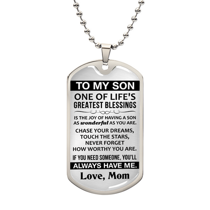To My Son Necklace from Mom Sons Inspirational Dog Tag Necklace Gifts for Men Boys Birthday Graduation Gifts for Teen Boys Son I Love You Gifts from Mama Mother and Son
