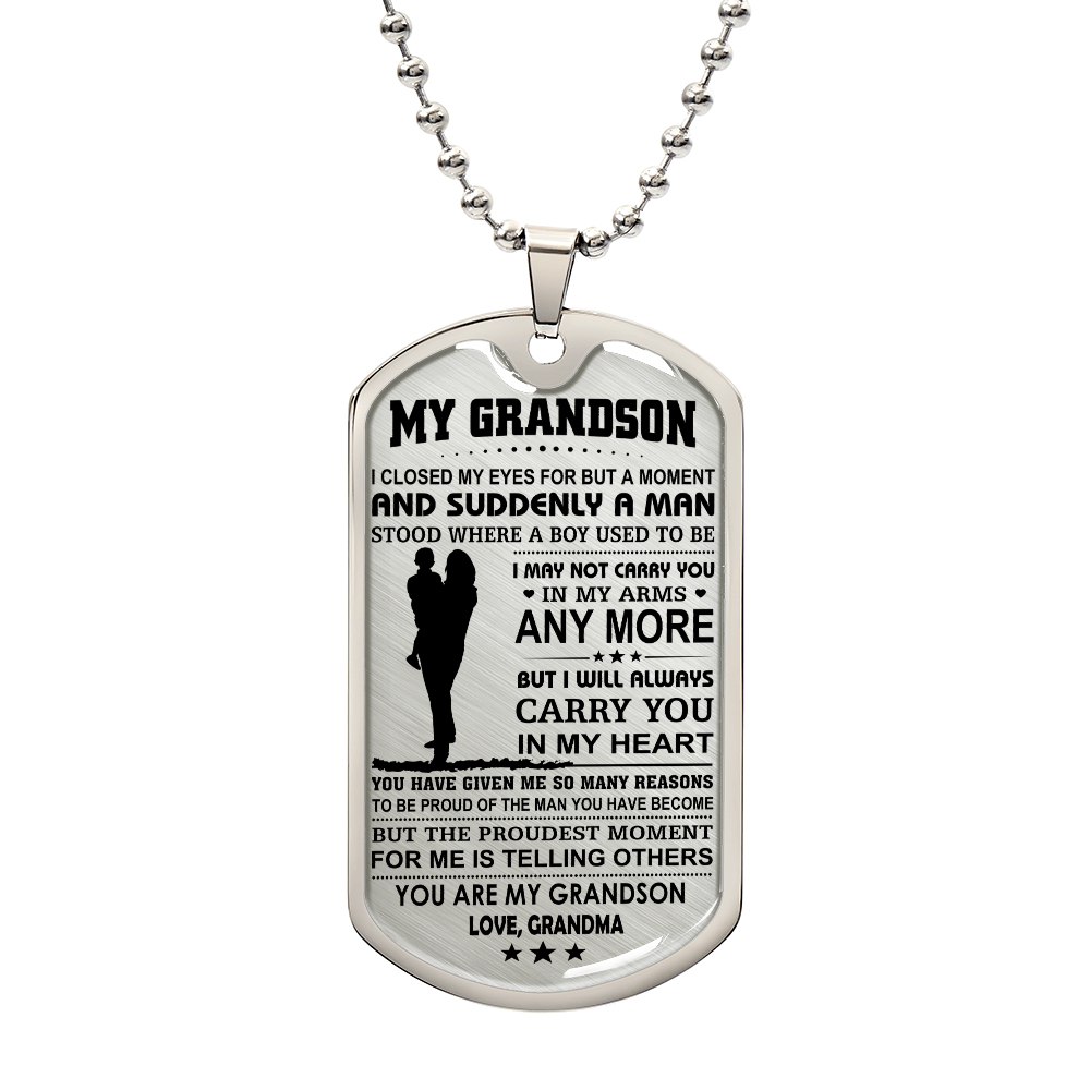Grandson Gifts from Grandma, Inspirational Dog Tag Necklace 18K Gold Finish – Gifts for Grandson, Heartfelt Quote for Birthday, Christmas, Graduation Gifts Idea