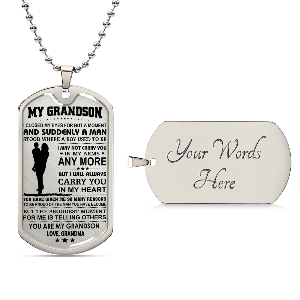 Grandson Gifts from Grandma, Inspirational Dog Tag Necklace 18K Gold Finish – Gifts for Grandson, Heartfelt Quote for Birthday, Christmas, Graduation Gifts Idea