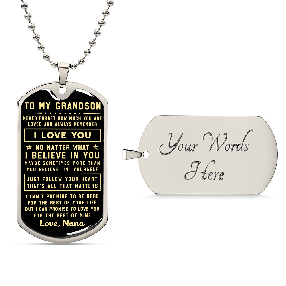 To My Grandson from Nana Inspirational Necklace Dog Tag Pendant Necklace Always Remember You Are Braver Than You Believe Motivational Encouragement Dogtags Jewelry Birthday Graduation Gifts