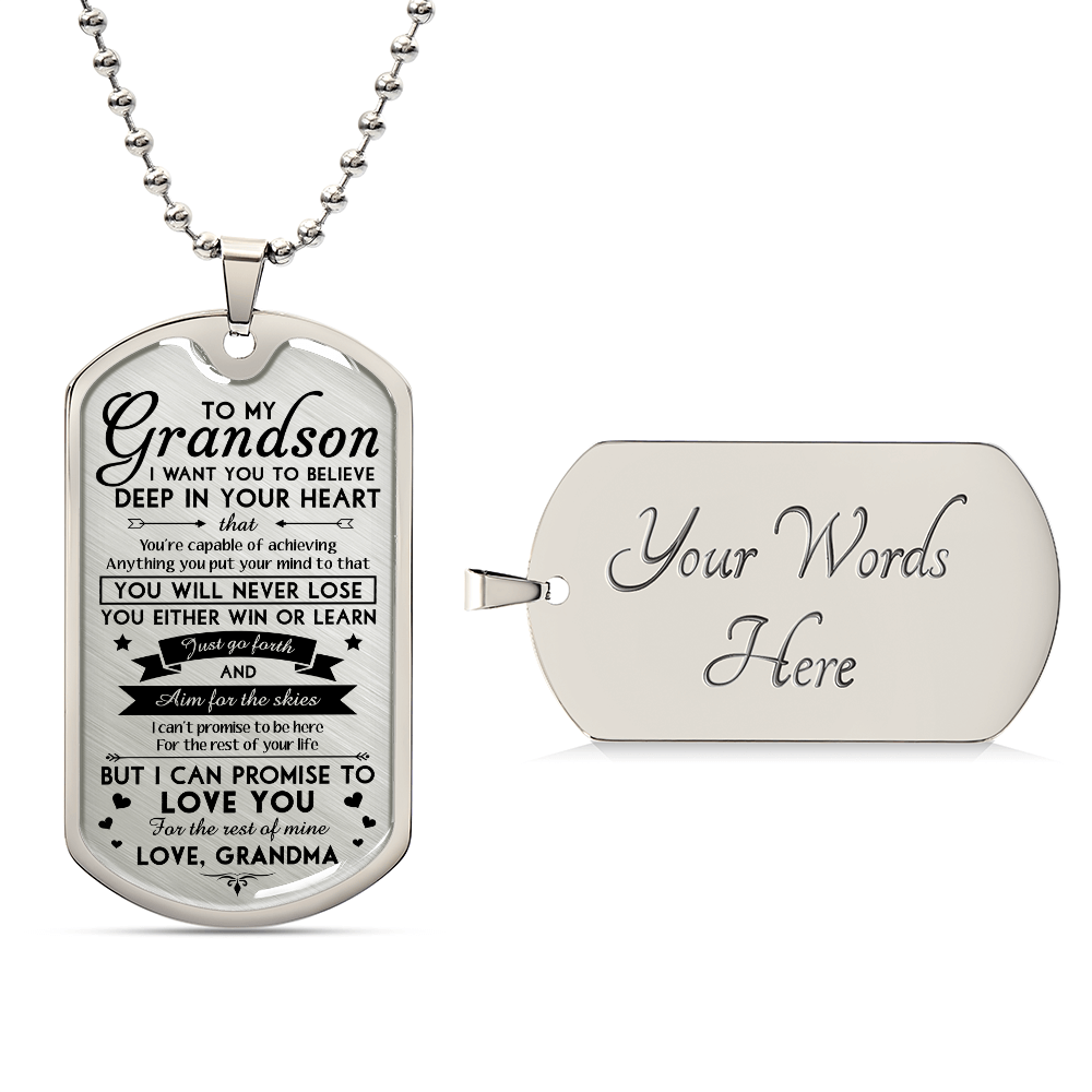 To My Grandson from Grandma, Inspirational Necklace Dog Tag Pendant, You Will Never Lose, You Either Win Or Learn Necklace, Motivational Encouragement Dogtags Jewelry Birthday Graduation Gifts