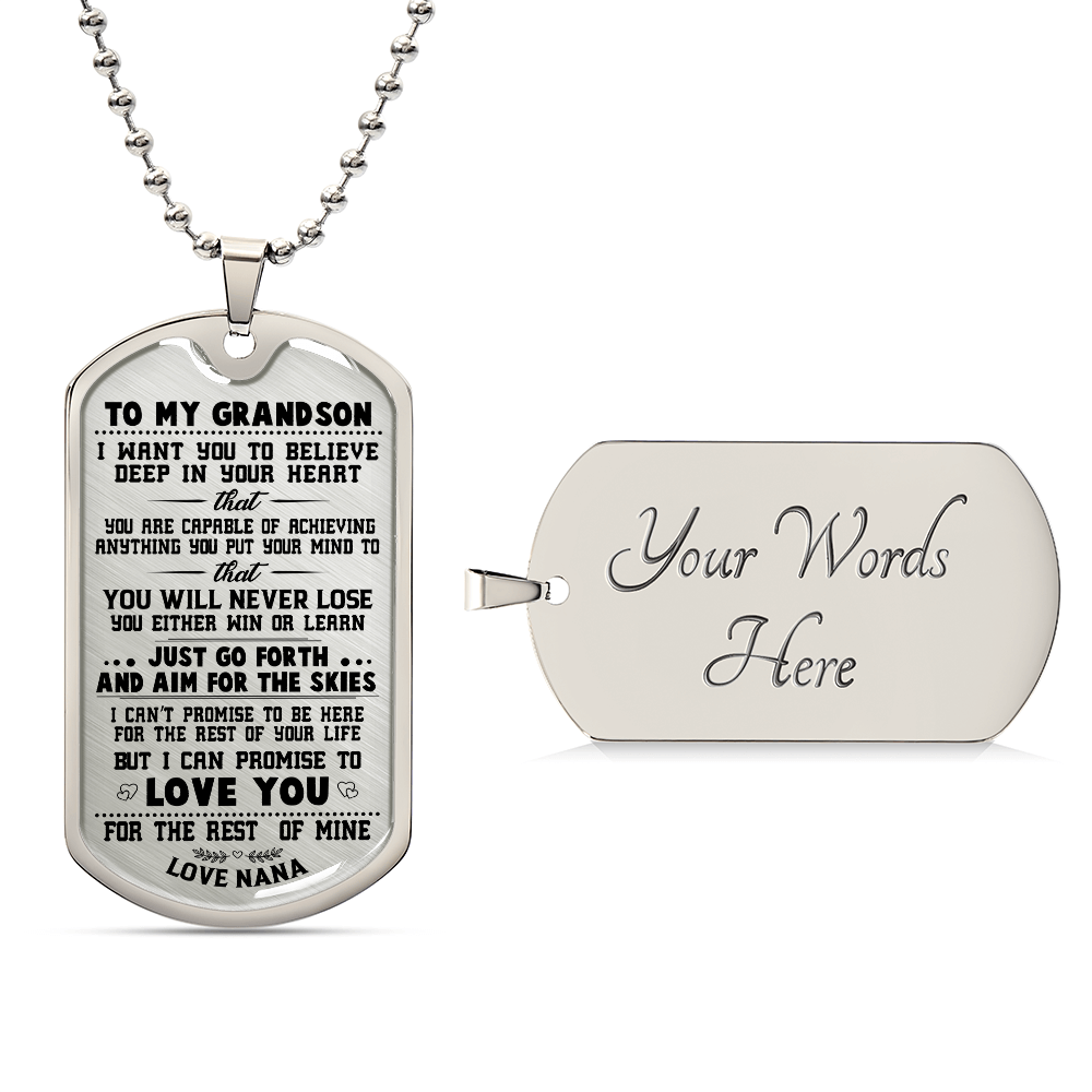 To My Grandson from Nana Inspirational Necklace Dog Tag Pendant Necklace Always Remember You Are Braver Than You Believe Motivational Encouragement Dogtags Jewelry Birthday Graduation Gifts,  Love Nana
