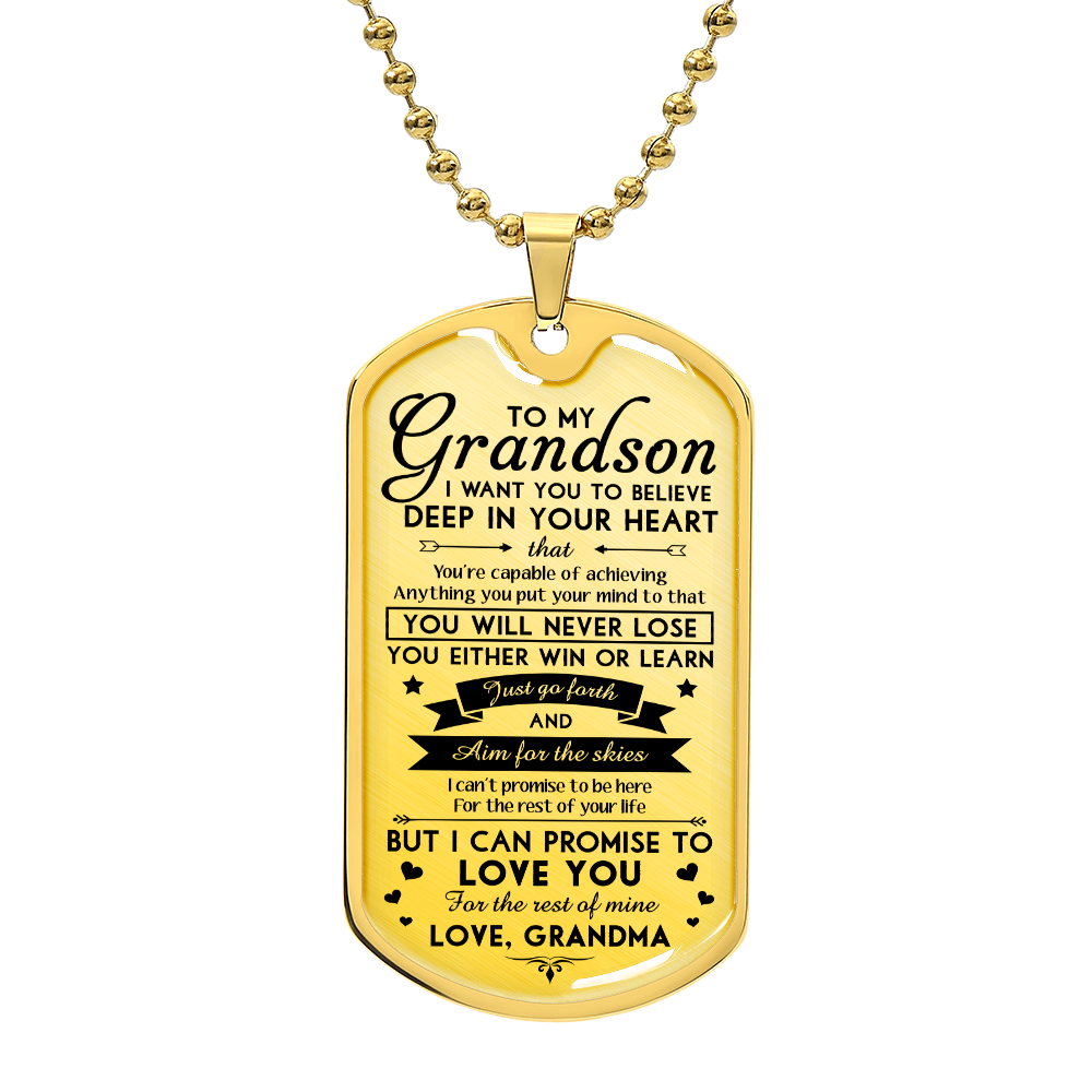 To My Grandson from Grandma, Inspirational Necklace Dog Tag Pendant, You Will Never Lose, You Either Win Or Learn Necklace, Motivational Encouragement Dogtags Jewelry Birthday Graduation Gifts