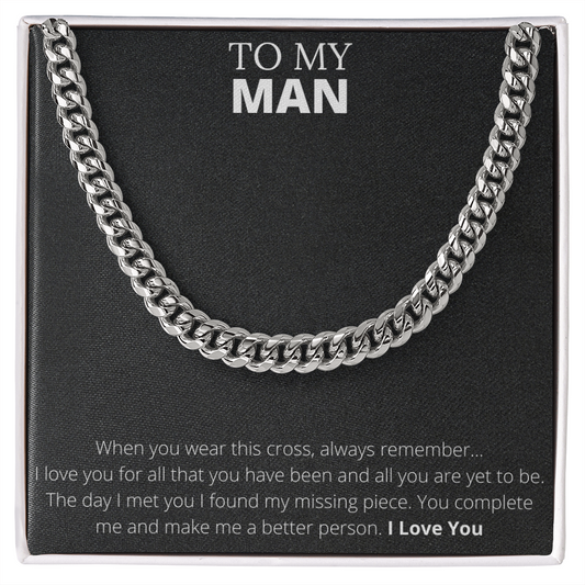 To My Man Necklace, Husband Boyfriend Gift, Anniversary Gift for Husband, for Boyfriend, for Fiancé, Valentine's Day for Him, Birthday Christmas Jewelry for Men, Cuban Link Chain for Men