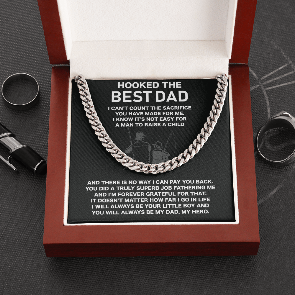 To My Dad Necklace, Gifts For Dad Who Loves Fishing, Hooked The Best Dad Fishing Lover Gifts Ideas, Fathers Day Cuban Link Chain Gift