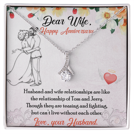 Dear Wife Happy Anniversary - Double Hearts - Love Your Husband, White Gold Name Necklace, 14K Solid Gold Name Pendant,  Anniversary Gift For Wife from Husband, Wife Gift, Wife Necklace, Best Gift for soulmate