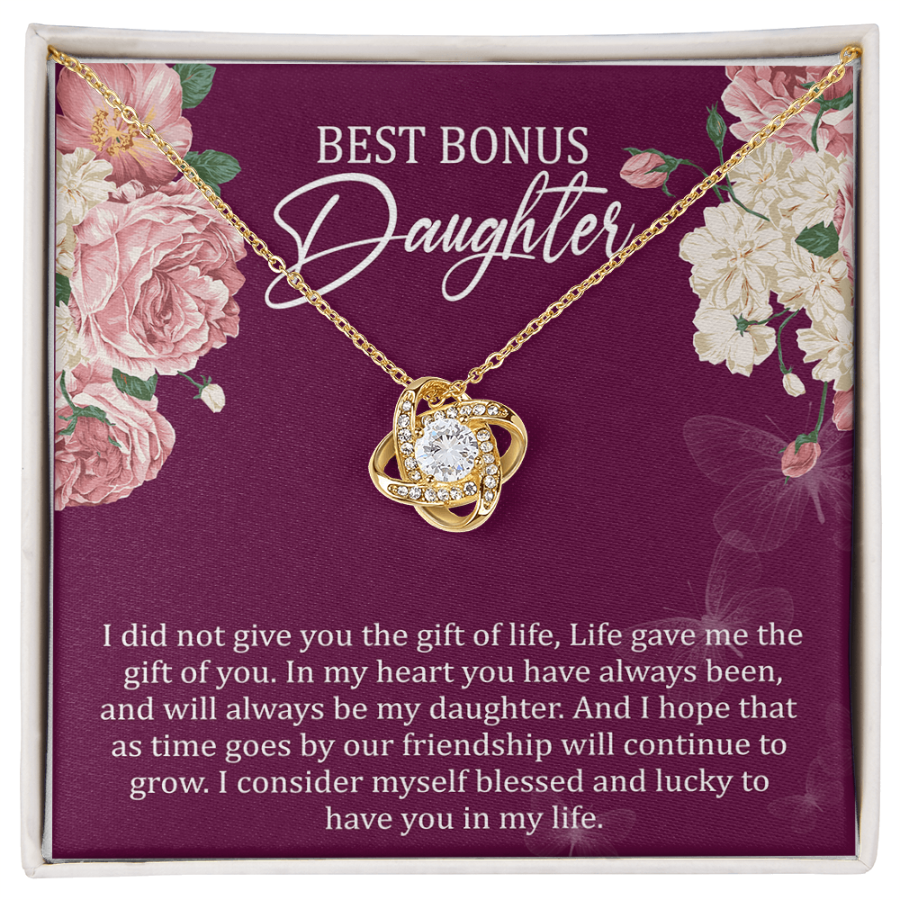 Best Bonus Daughter Love Knot Necklace, Birthday Message Card Gift, Gift From Mom Dad to Daughter Special Jewelry