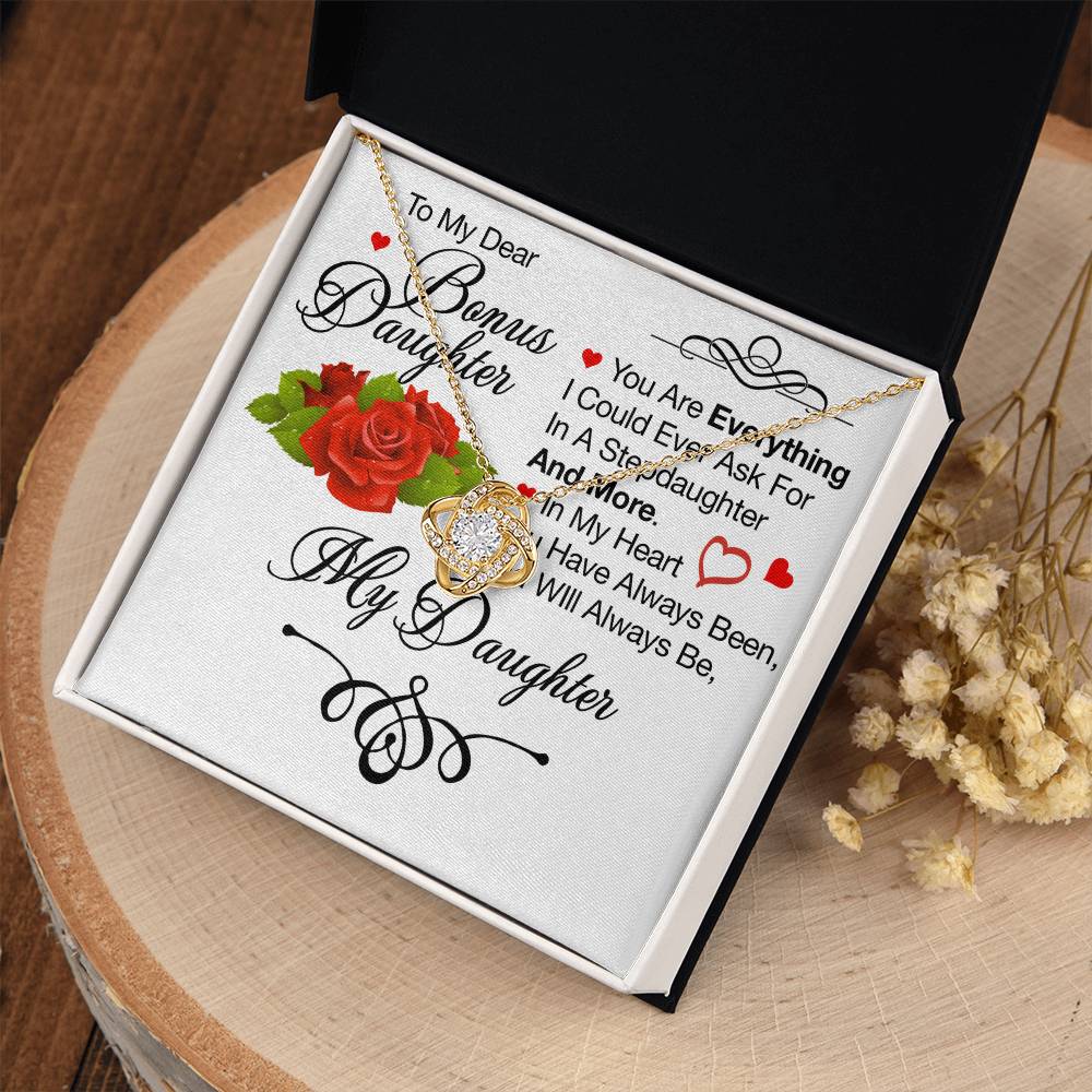 To My Bonus Daughter Necklace – Meaningful Gift from Mom or Dad | Stepdaughter Heart Necklace with Message Card | Family Love Jewelry Gift