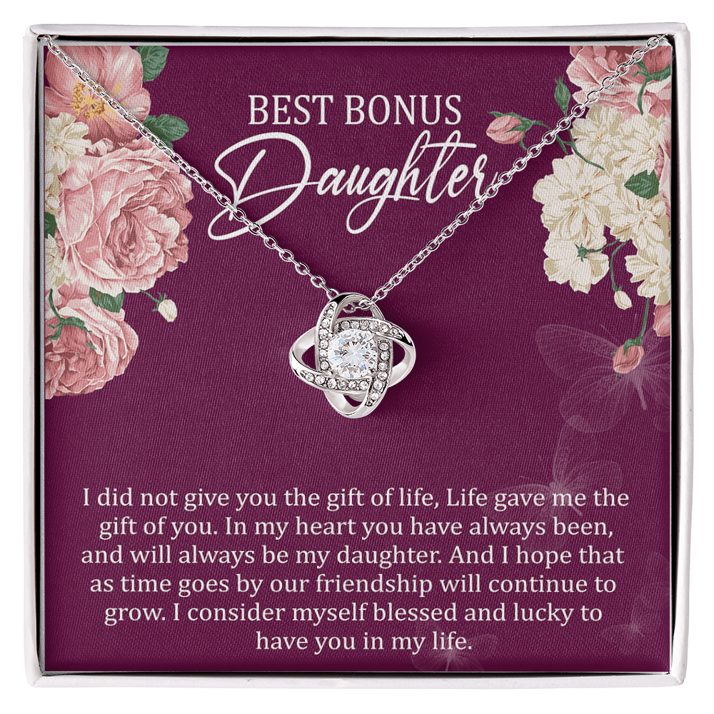 Best Bonus Daughter Love Knot Necklace, Birthday Message Card Gift, Gift From Mom Dad to Daughter Special Jewelry