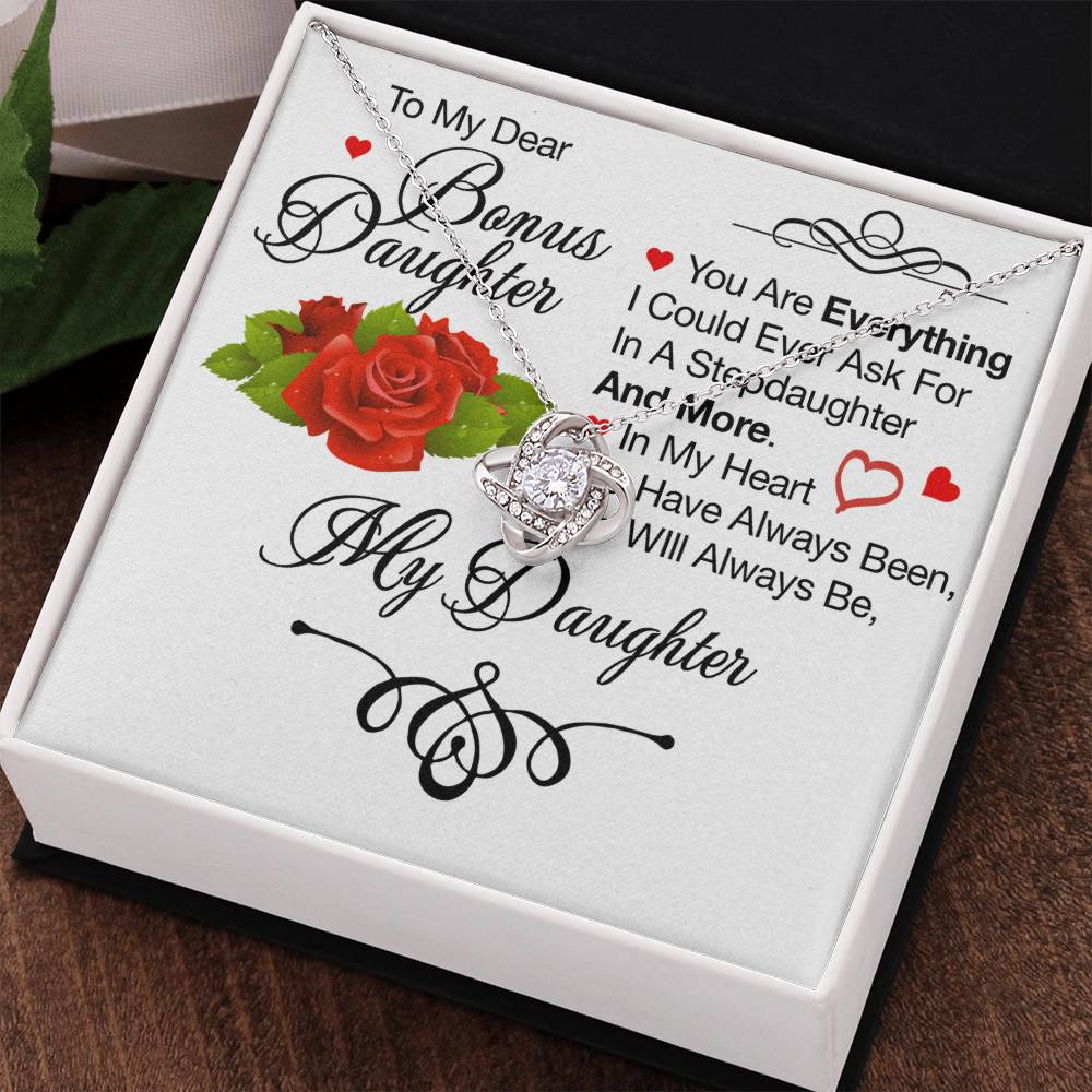 To My Bonus Daughter Necklace – Meaningful Gift from Mom or Dad | Stepdaughter Heart Necklace with Message Card | Family Love Jewelry Gift
