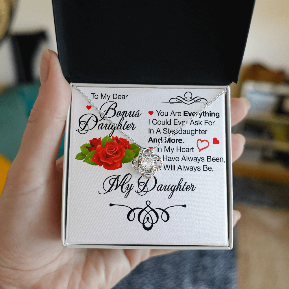 To My Bonus Daughter Necklace – Meaningful Gift from Mom or Dad | Stepdaughter Heart Necklace with Message Card | Family Love Jewelry Gift