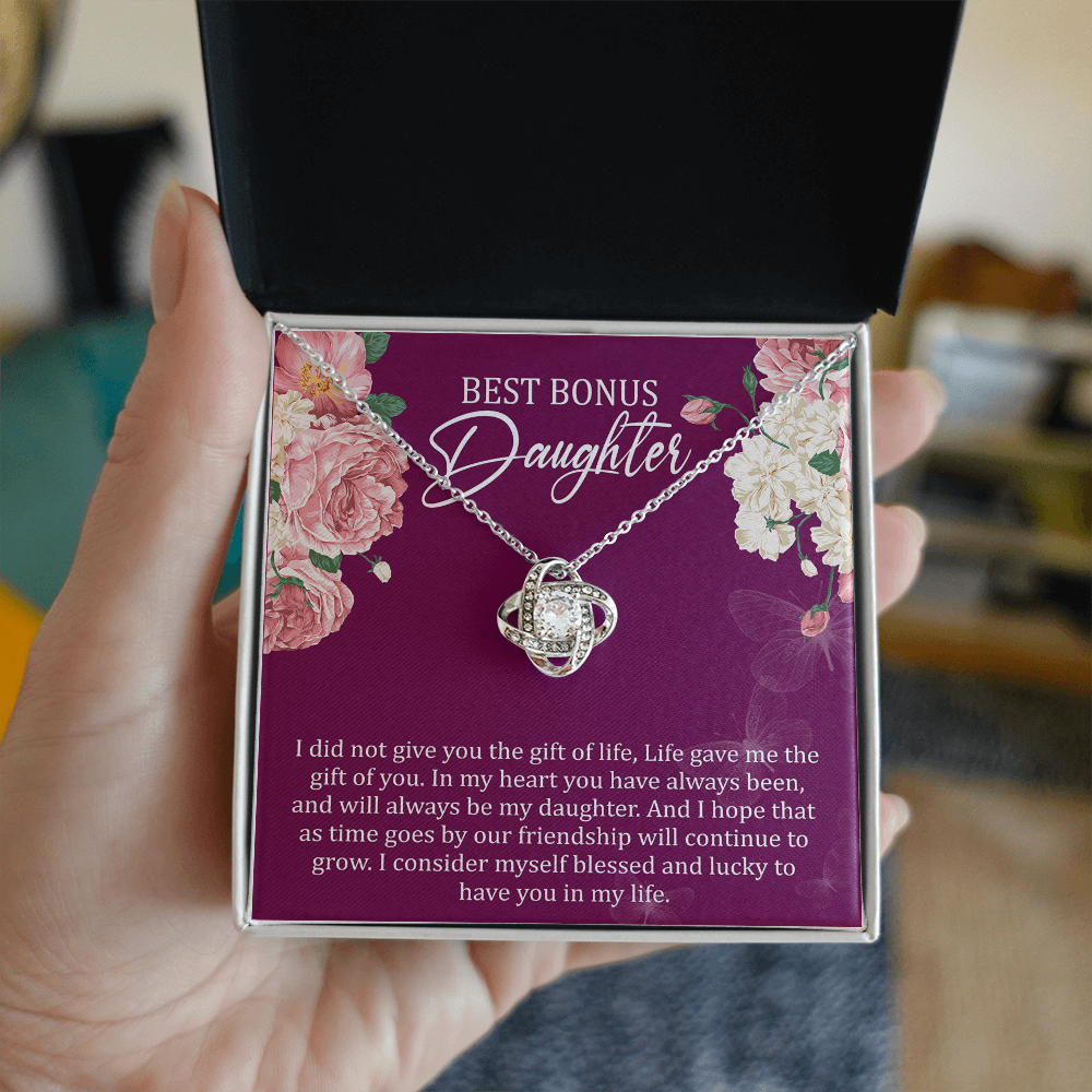 Best Bonus Daughter Love Knot Necklace, Birthday Message Card Gift, Gift From Mom Dad to Daughter Special Jewelry