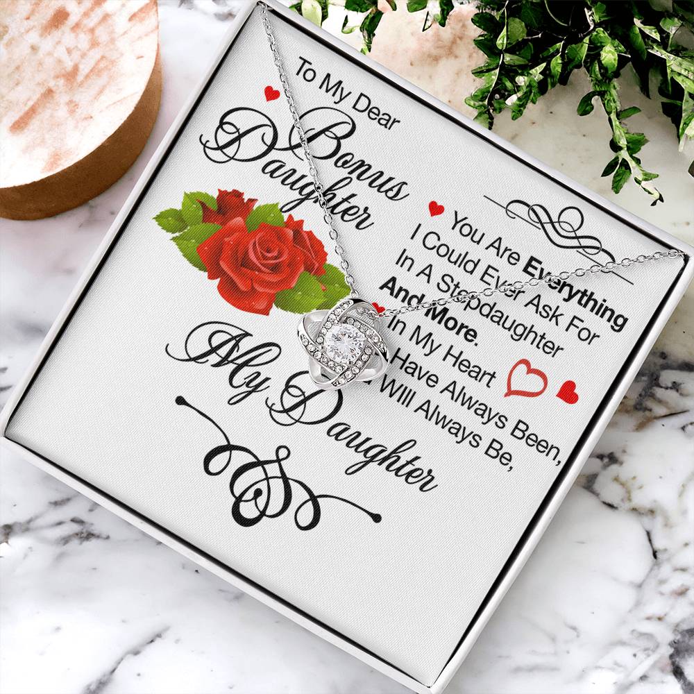 To My Bonus Daughter Necklace – Meaningful Gift from Mom or Dad | Stepdaughter Heart Necklace with Message Card | Family Love Jewelry Gift