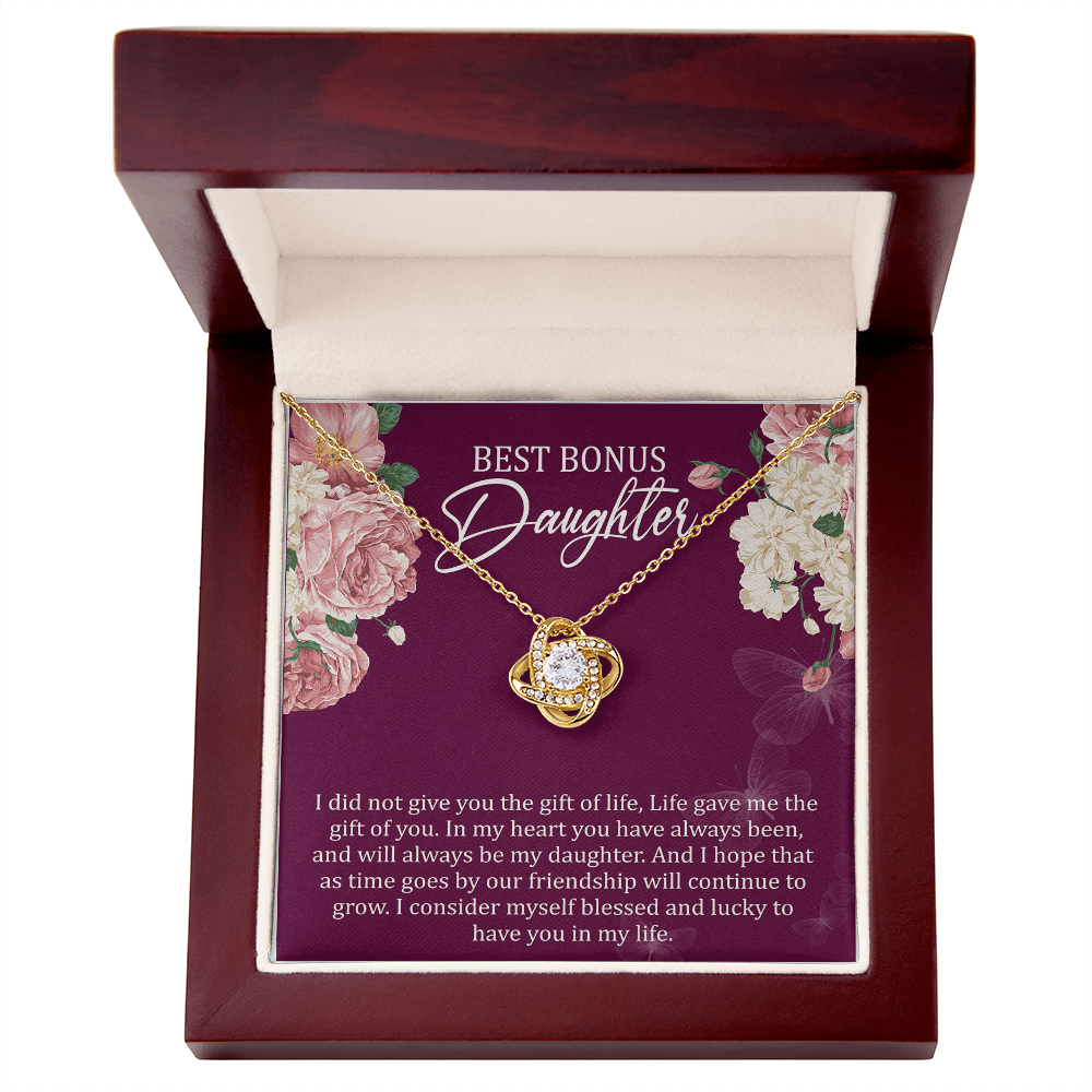 Best Bonus Daughter Love Knot Necklace, Birthday Message Card Gift, Gift From Mom Dad to Daughter Special Jewelry