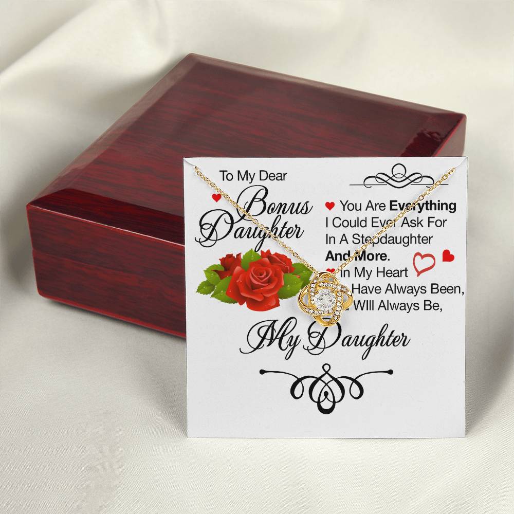 To My Bonus Daughter Necklace – Meaningful Gift from Mom or Dad | Stepdaughter Heart Necklace with Message Card | Family Love Jewelry Gift