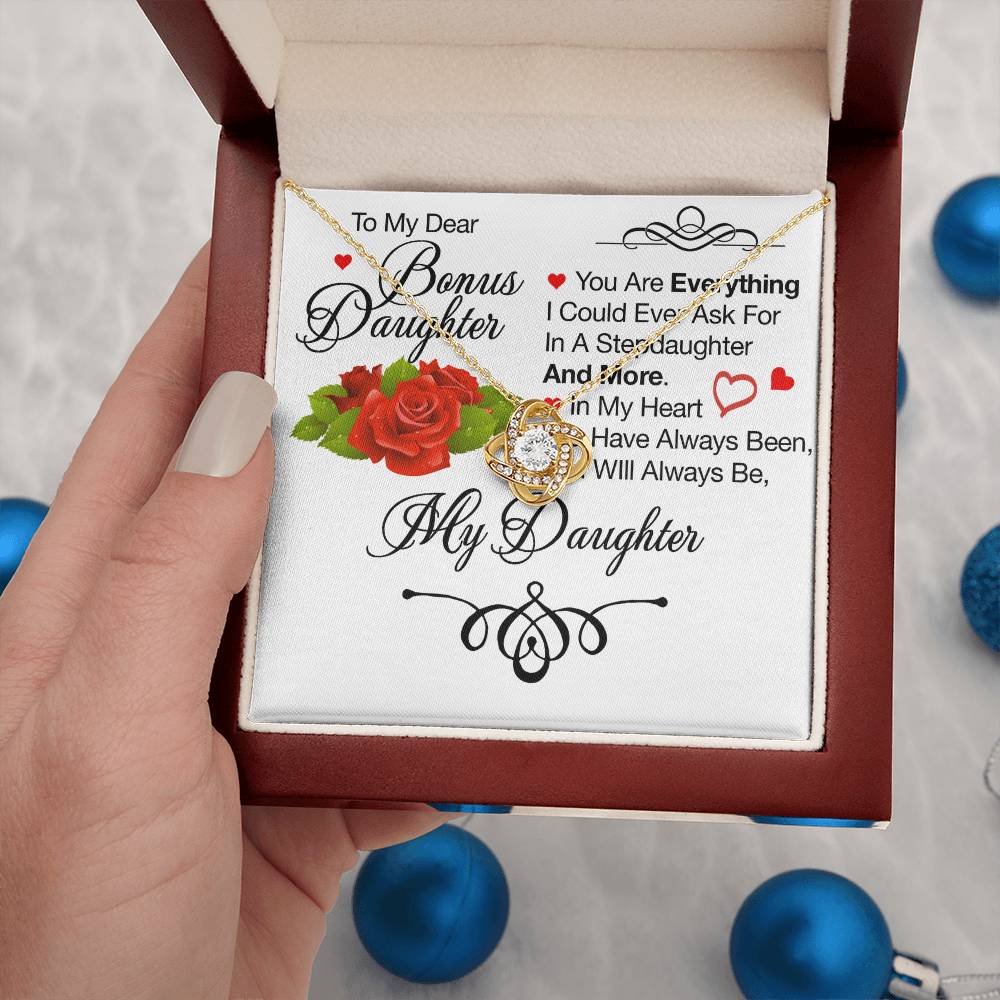 To My Bonus Daughter Necklace – Meaningful Gift from Mom or Dad | Stepdaughter Heart Necklace with Message Card | Family Love Jewelry Gift