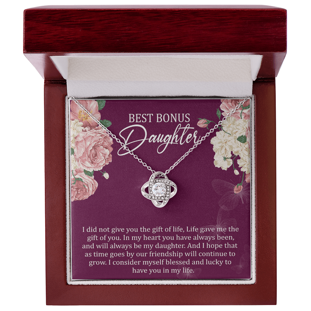 Best Bonus Daughter Love Knot Necklace, Birthday Message Card Gift, Gift From Mom Dad to Daughter Special Jewelry