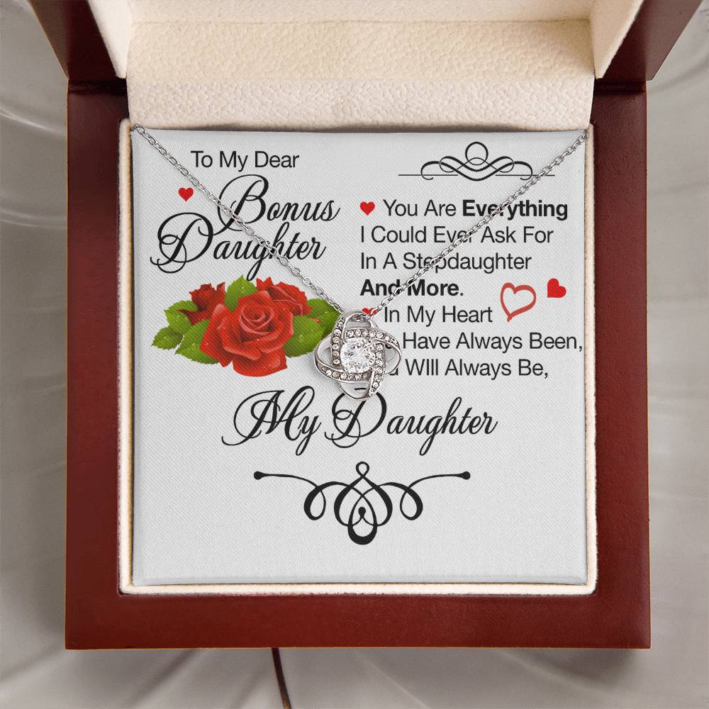 To My Bonus Daughter Necklace – Meaningful Gift from Mom or Dad | Stepdaughter Heart Necklace with Message Card | Family Love Jewelry Gift