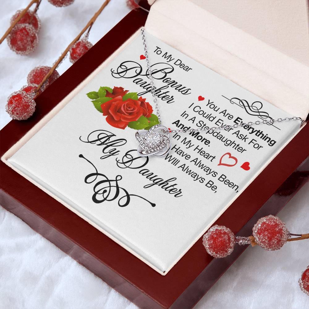 To My Bonus Daughter Necklace – Meaningful Gift from Mom or Dad | Stepdaughter Heart Necklace with Message Card | Family Love Jewelry Gift