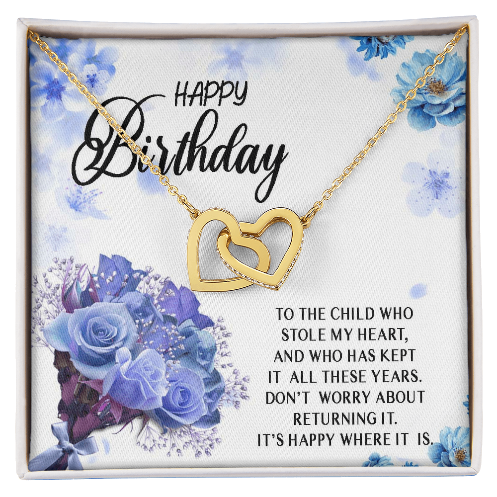 Happy Birthday Necklace Gift for Child, Daughter, Granddaughter from Mom Dad Grandma Grandpa, Stole My Heart Interlocking Heart Necklace, Daughter Jewelry Gift