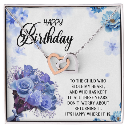 Happy Birthday Necklace Gift for Child, Daughter, Granddaughter from Mom Dad Grandma Grandpa, Stole My Heart Interlocking Heart Necklace, Daughter Jewelry Gift