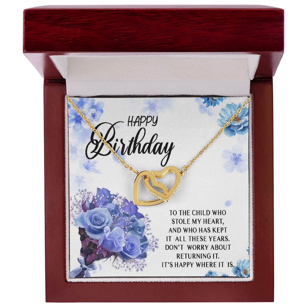 Happy Birthday Necklace Gift for Child, Daughter, Granddaughter from Mom Dad Grandma Grandpa, Stole My Heart Interlocking Heart Necklace, Daughter Jewelry Gift
