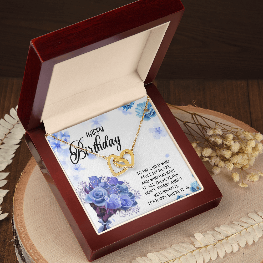 Happy Birthday Necklace Gift for Child, Daughter, Granddaughter from Mom Dad Grandma Grandpa, Stole My Heart Interlocking Heart Necklace, Daughter Jewelry Gift