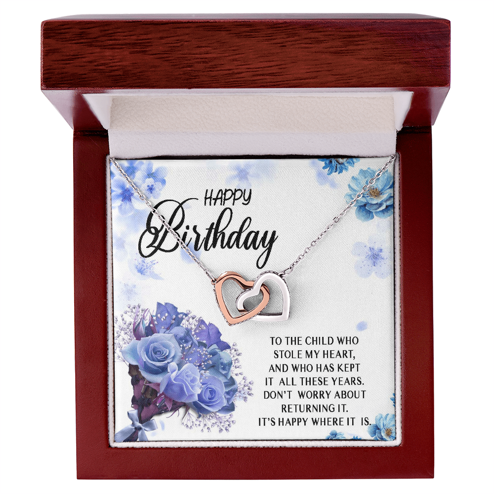 Happy Birthday Necklace Gift for Child, Daughter, Granddaughter from Mom Dad Grandma Grandpa, Stole My Heart Interlocking Heart Necklace, Daughter Jewelry Gift