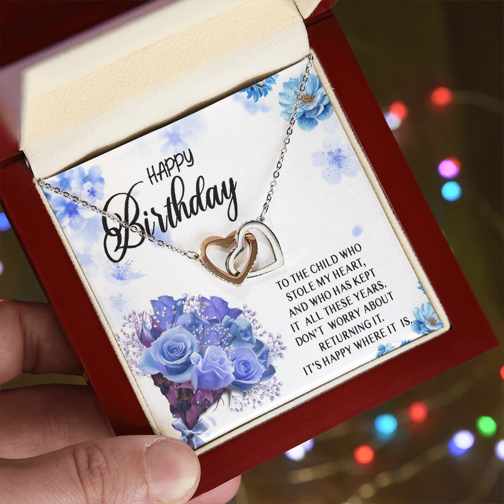 Happy Birthday Necklace Gift for Child, Daughter, Granddaughter from Mom Dad Grandma Grandpa, Stole My Heart Interlocking Heart Necklace, Daughter Jewelry Gift
