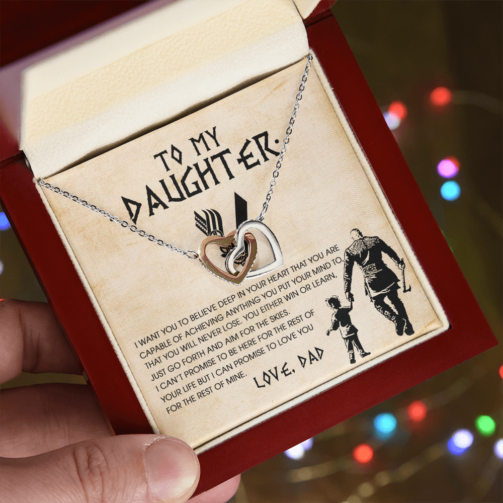 To My Daughter Necklace From Best Dad With Heartfelt Message, Daughter Birthday Present From Mama, Jewelry Gifts For Graduation for Her From Daddy, 14K Pendant Interlocking Hearts Necklace