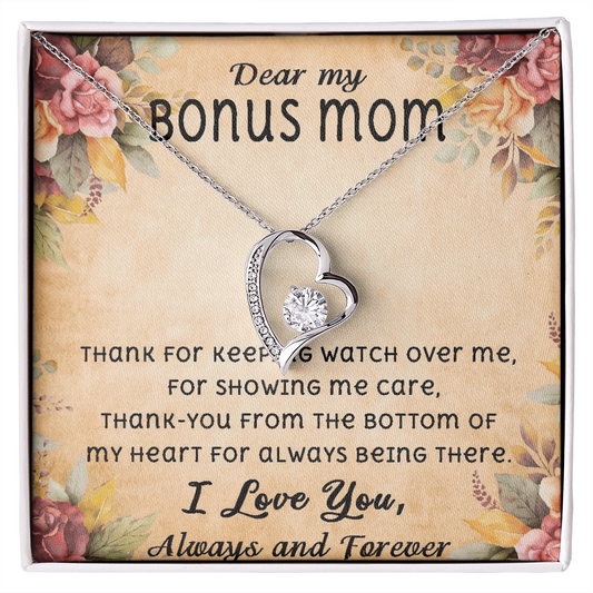 Dear My Bonus Mom I Love You ALways and Forever Love Necklace, Mother's Day Bonus Mom Necklace Gifts for Women Birthday Gifts for Mom From Daughter Son Best Mom Forever Love Necklace With Cards Gifts for Step Mom Mother in Law
